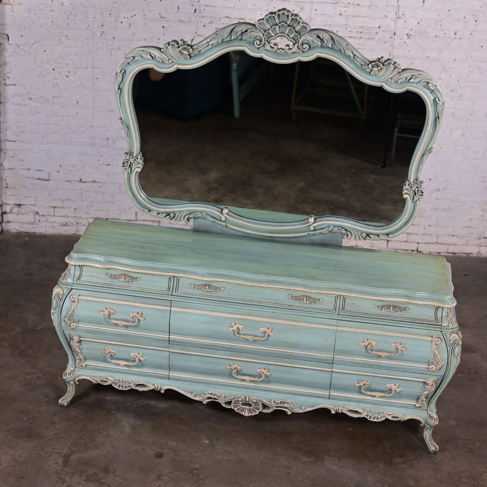 French Provincial Style Heavy Carved Powder Blue Ceruse Bombay Dresser & Mirror