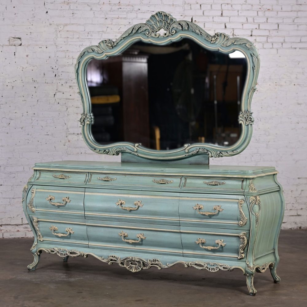 French Provincial Style Heavy Carved Powder Blue Ceruse Bombay Dresser & Mirror