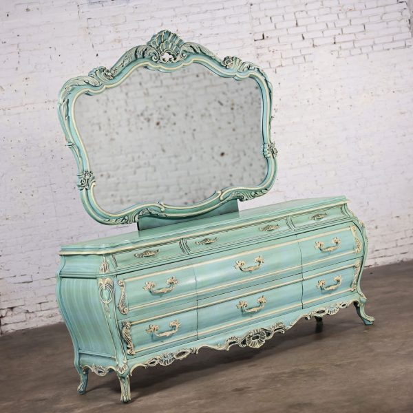 French Provincial Style Heavy Carved Powder Blue Ceruse Bombay Dresser & Mirror