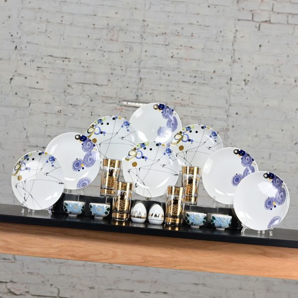 Vintage MCM to Modern Dishware Set 4 Culver Highball Glasses & 8 Dessert Plates by Dana Oldfather for Ink Dish Plus Extras