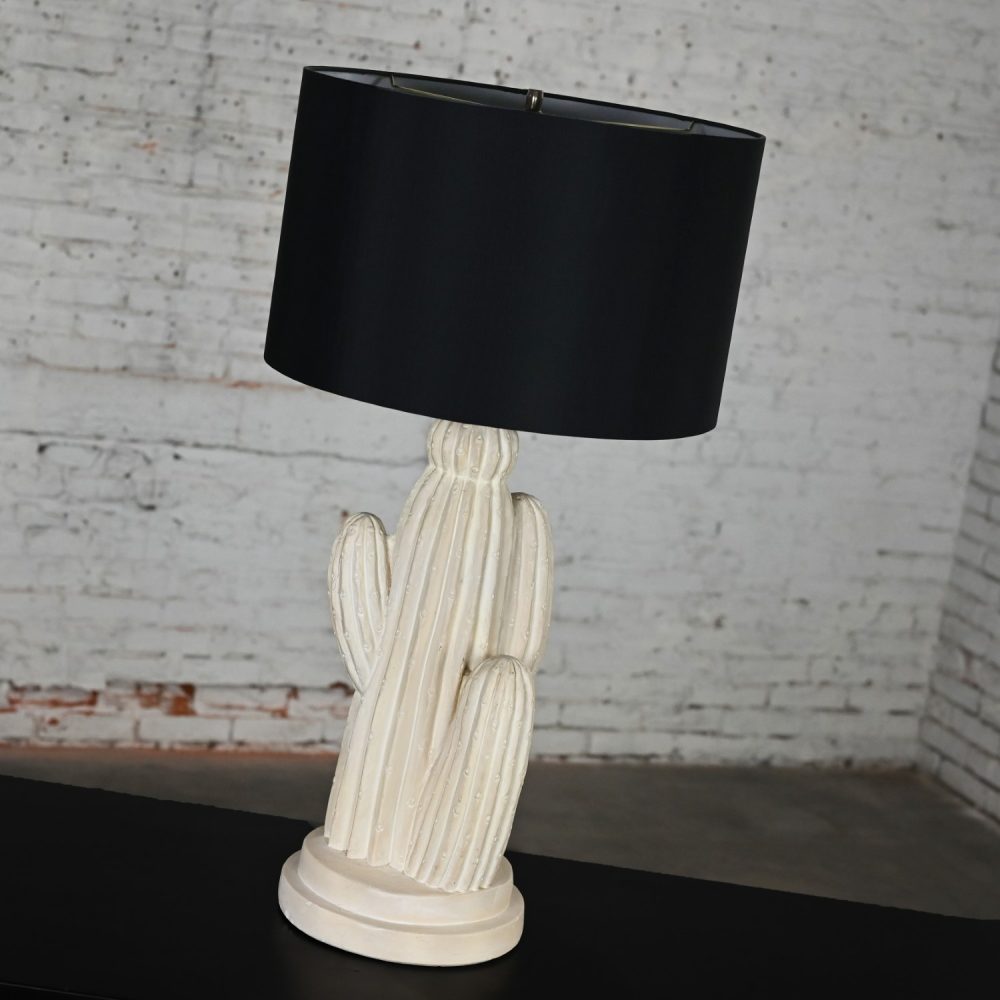 1970’s Modern Plaster Cactus Large Scale Table Lamp New Black Drum Shade