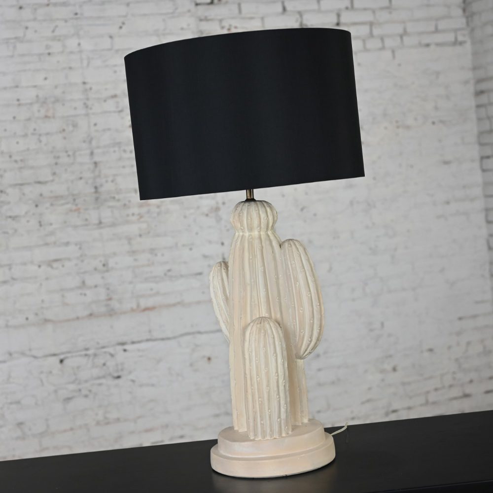 1970’s Modern Plaster Cactus Large Scale Table Lamp New Black Drum Shade