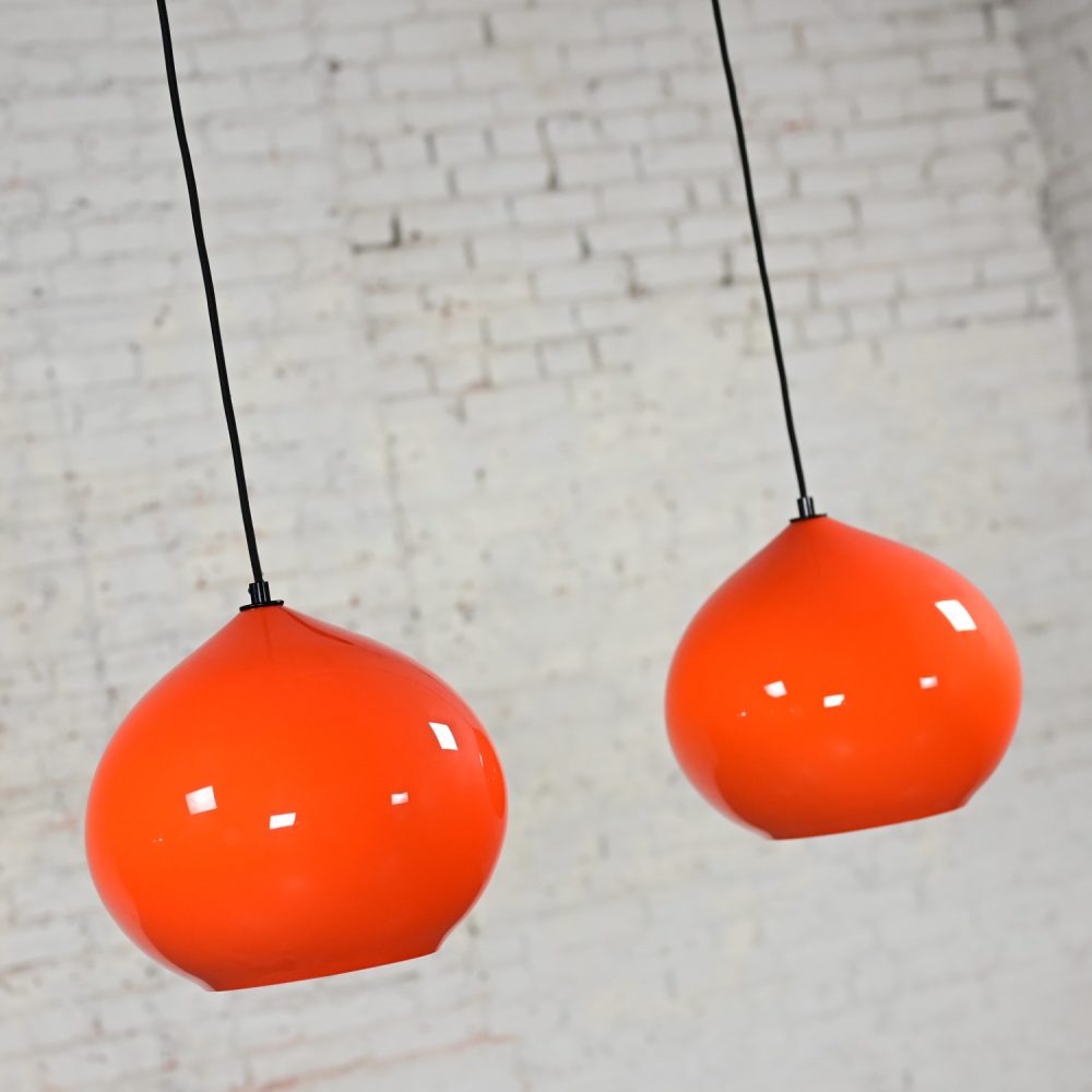 Mid Century Modern Italian Orange Cased Murano Glass Pendant Lights Attributed to Alessandro Pianon for Vistosi