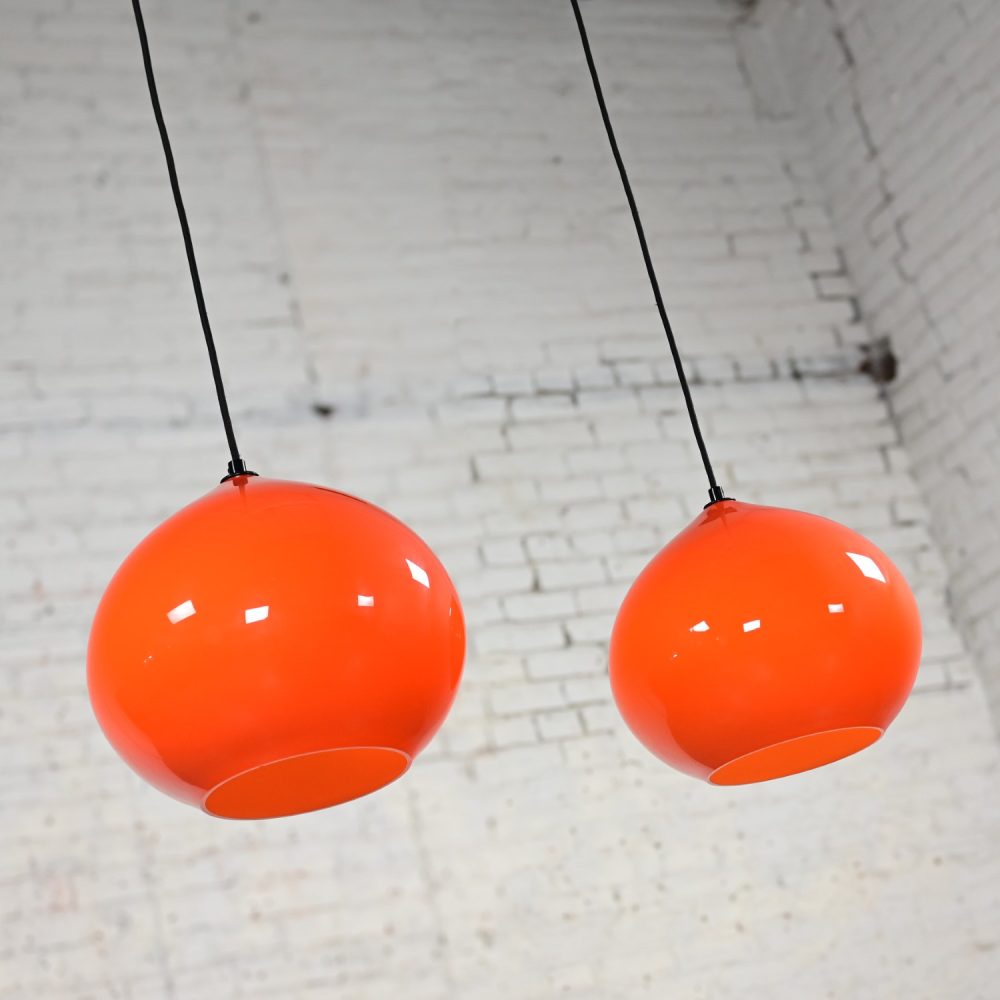 Mid Century Modern Italian Orange Cased Murano Glass Pendant Lights Attributed to Alessandro Pianon for Vistosi