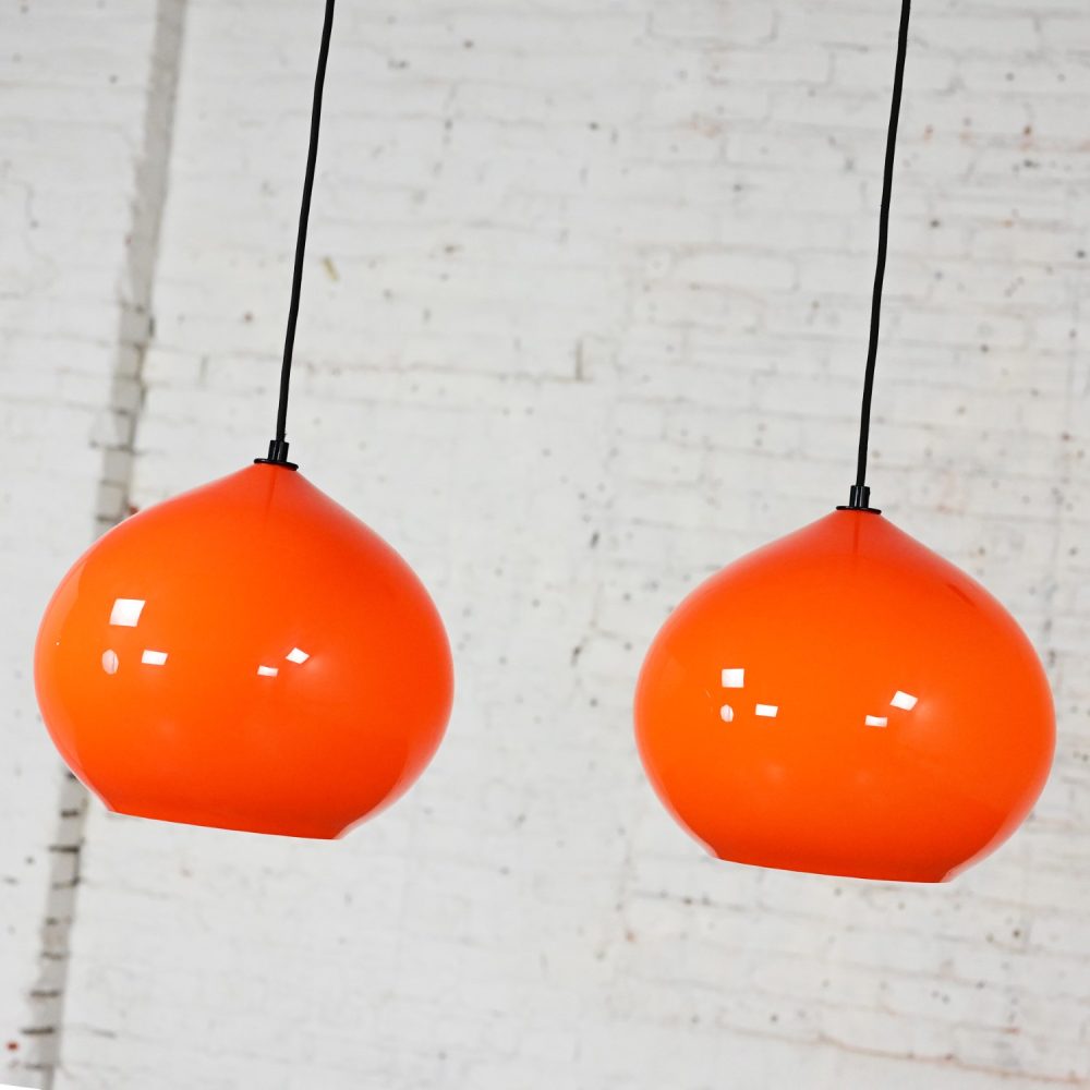 Mid Century Modern Italian Orange Cased Murano Glass Pendant Lights Attributed to Alessandro Pianon for Vistosi