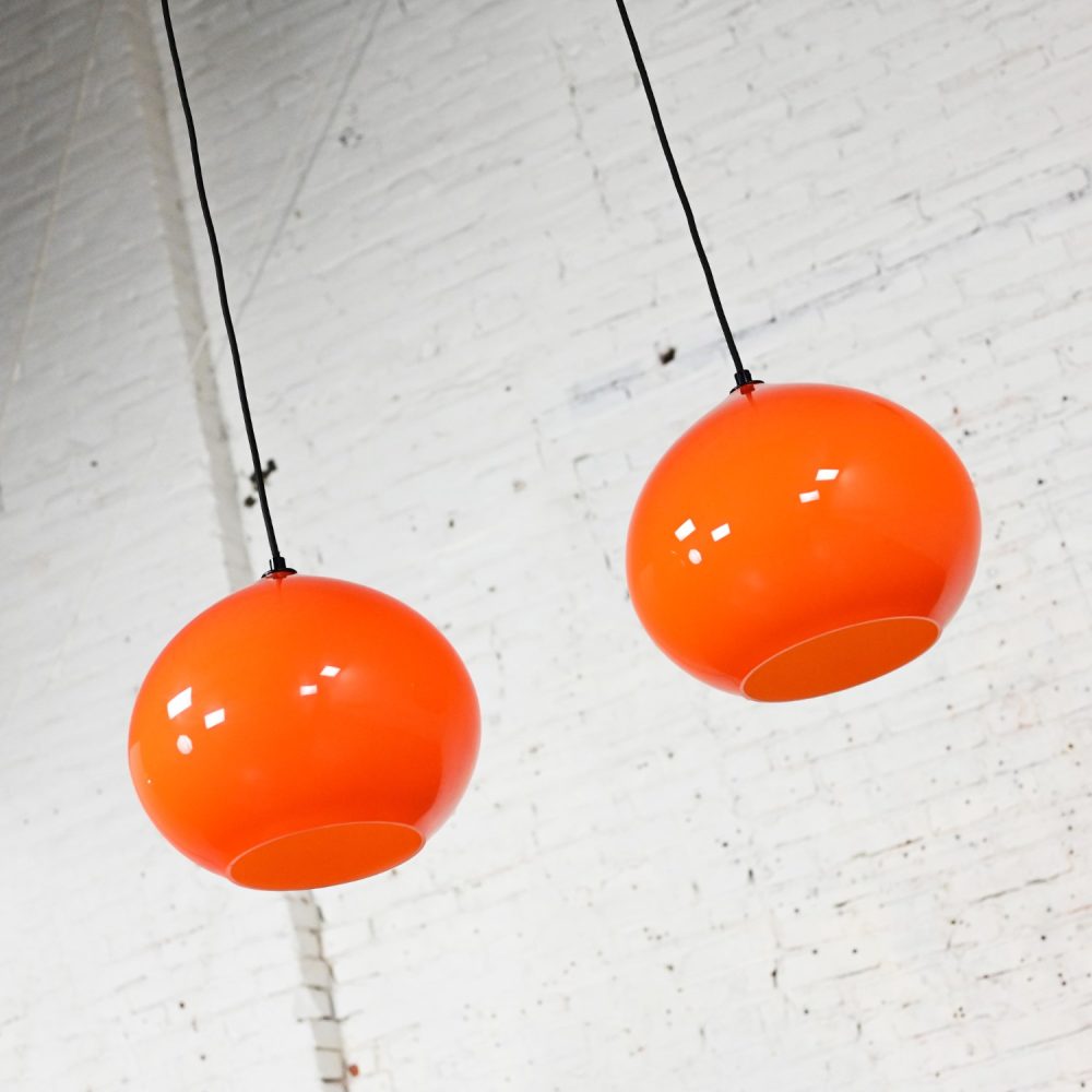 Mid Century Modern Italian Orange Cased Murano Glass Pendant Lights Attributed to Alessandro Pianon for Vistosi