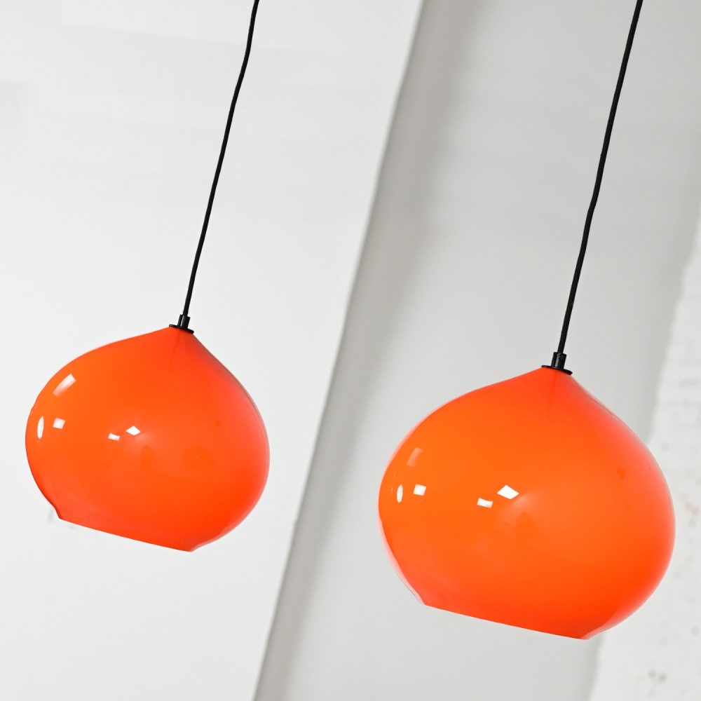 Mid Century Modern Italian Orange Cased Murano Glass Pendant Lights Attributed to Alessandro Pianon for Vistosi