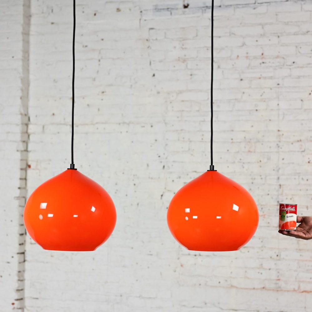 Mid Century Modern Italian Orange Cased Murano Glass Pendant Lights Attributed to Alessandro Pianon for Vistosi