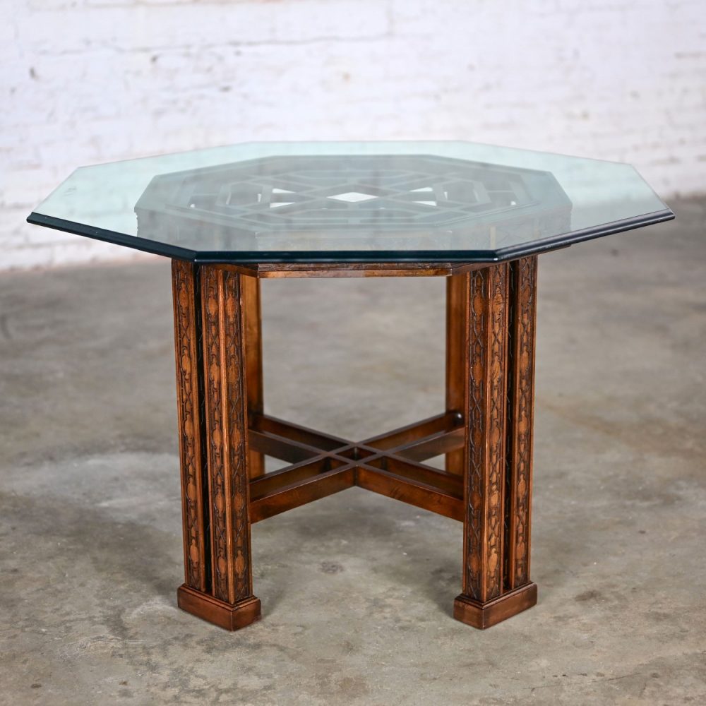 Late 20th Century Chinese Chippendale Drexel Heritage Octagon Center or Dining Table with Glass Top