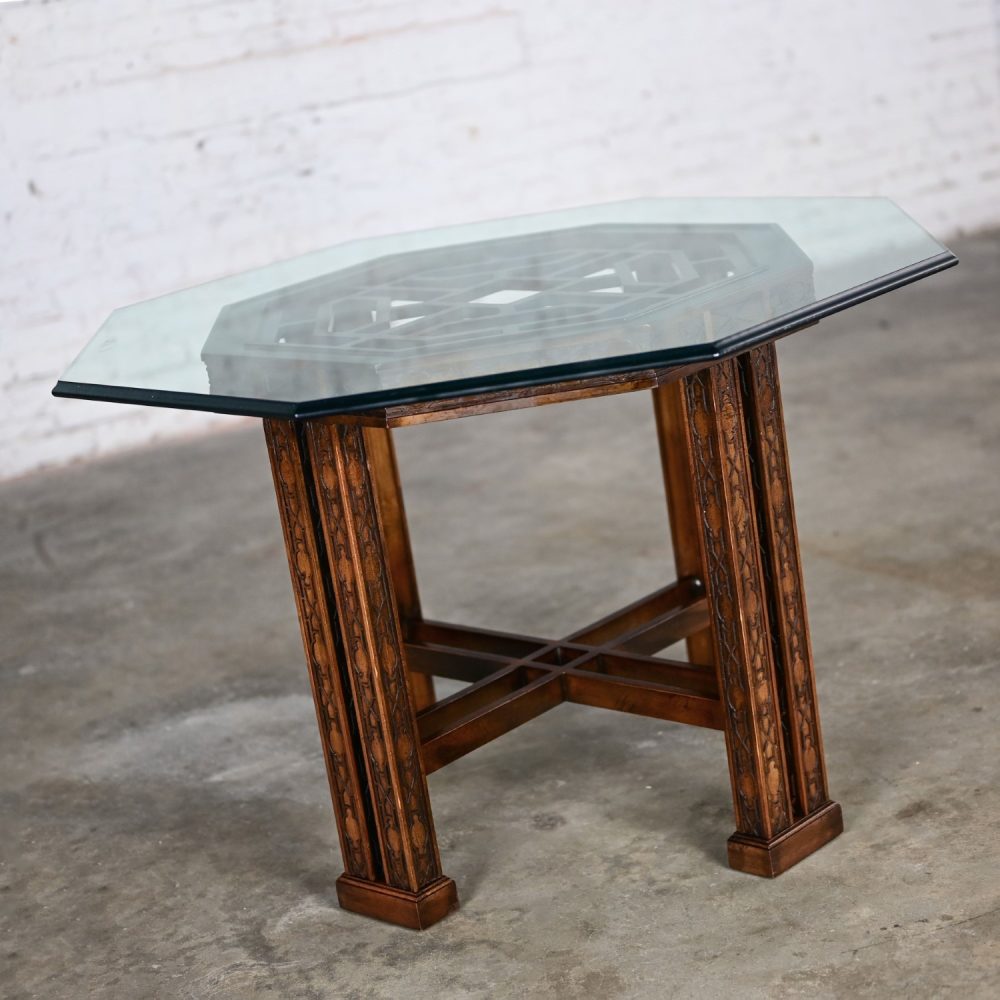 Late 20th Century Chinese Chippendale Drexel Heritage Octagon Center or Dining Table with Glass Top