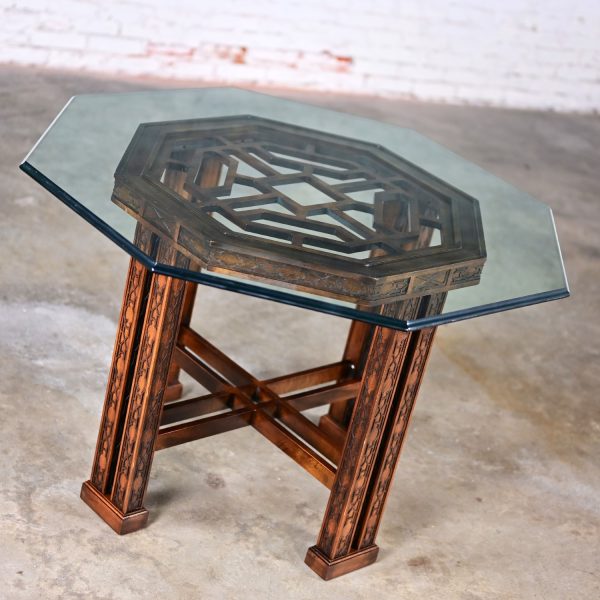 Late 20th Century Chinese Chippendale Drexel Heritage Octagon Center or Dining Table with Glass Top