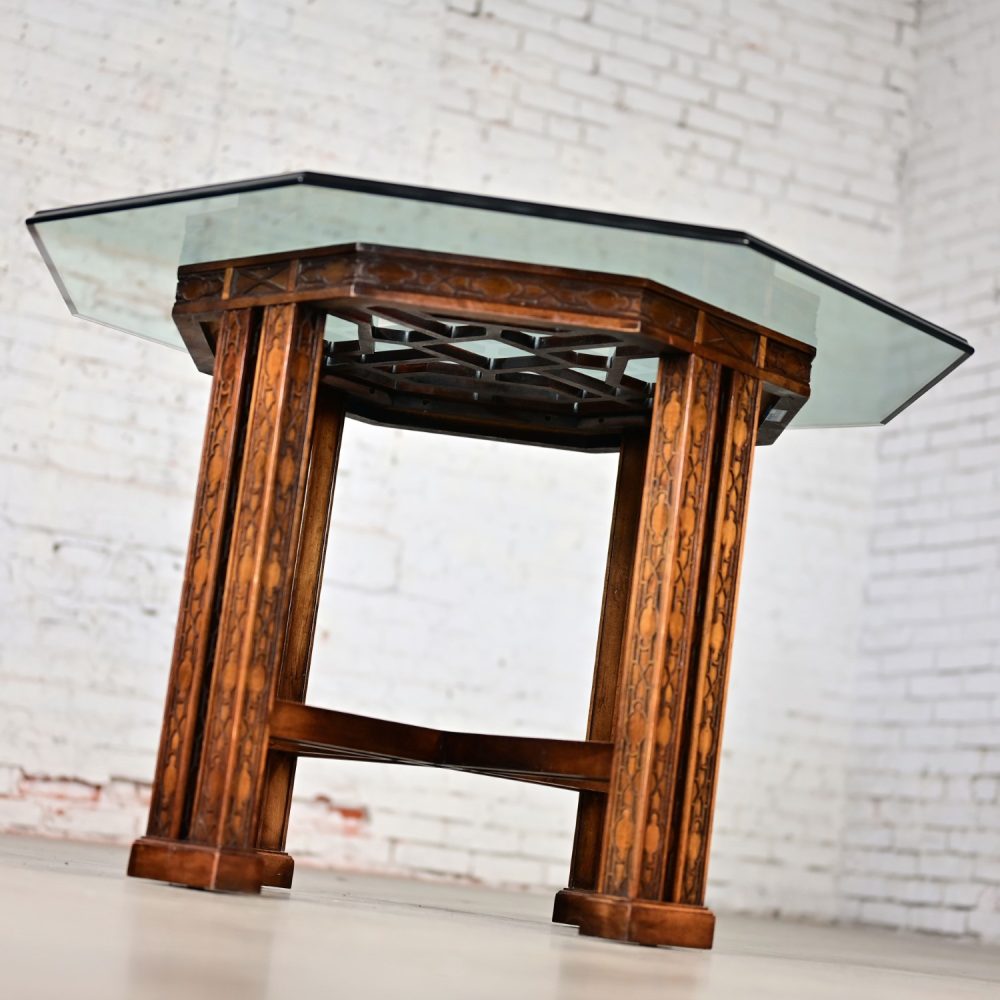 Late 20th Century Chinese Chippendale Drexel Heritage Octagon Center or Dining Table with Glass Top