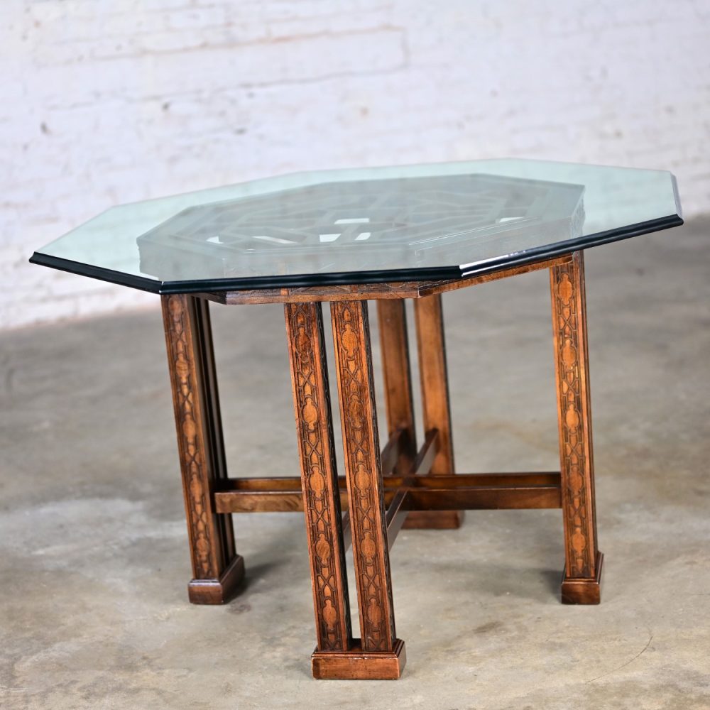 Late 20th Century Chinese Chippendale Drexel Heritage Octagon Center or Dining Table with Glass Top