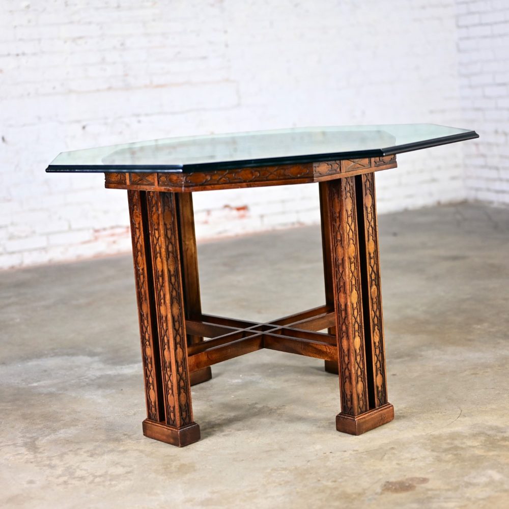 Late 20th Century Chinese Chippendale Drexel Heritage Octagon Center or Dining Table with Glass Top