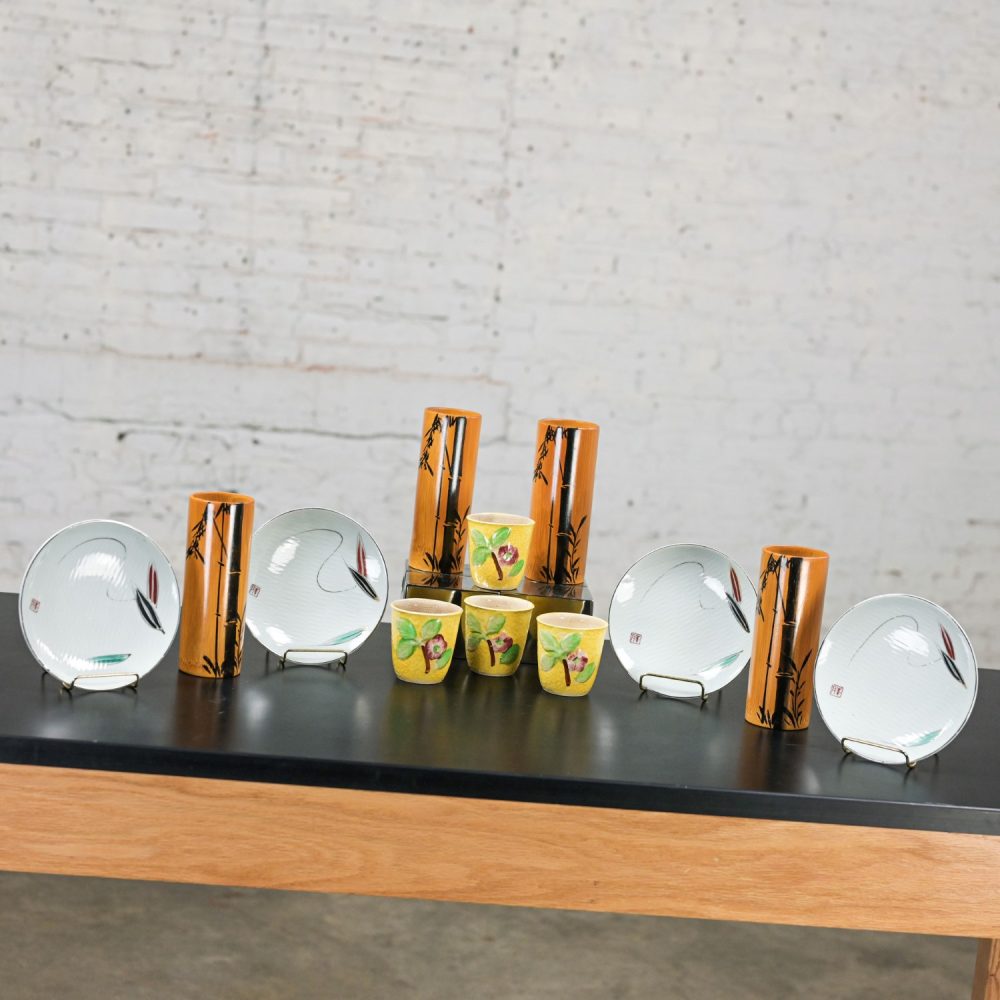 Mid-20th Century Asian Tabletop Set of 4 Bamboo Tumblers 4 Saki Cups & 4 Dessert Plates Made In Japan