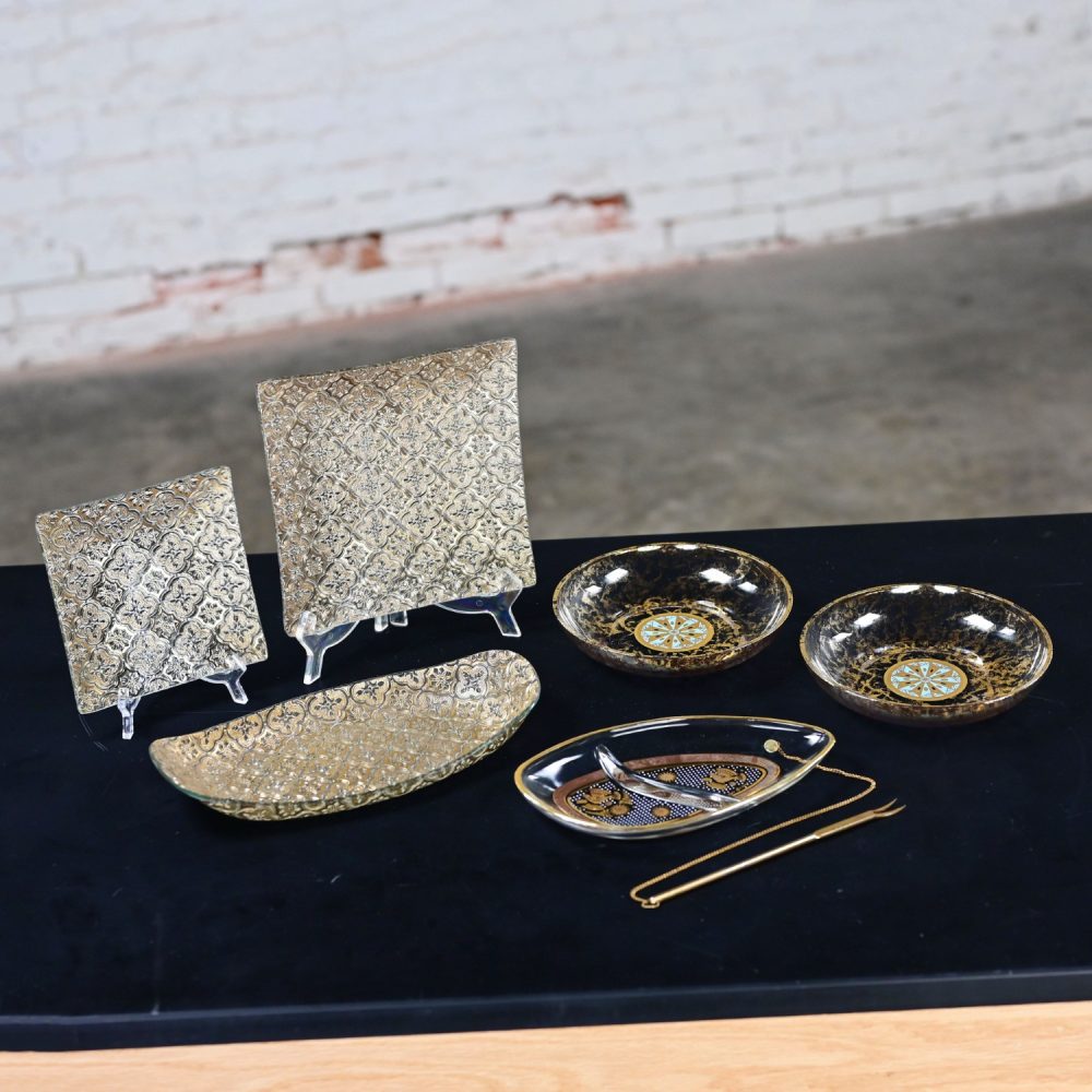 6 Piece Set Mid-20th Century Mid Century Modern Georges Briard Glass Pieces 1 Tray 2 Square Platters 2 Bowls & 1 Relish Dish