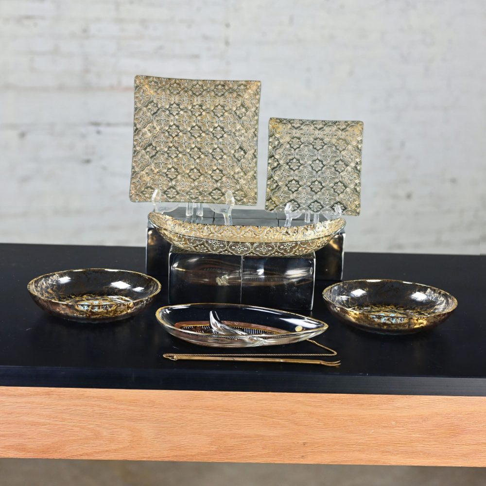 6 Piece Set Mid-20th Century Mid Century Modern Georges Briard Glass Pieces 1 Tray 2 Square Platters 2 Bowls & 1 Relish Dish