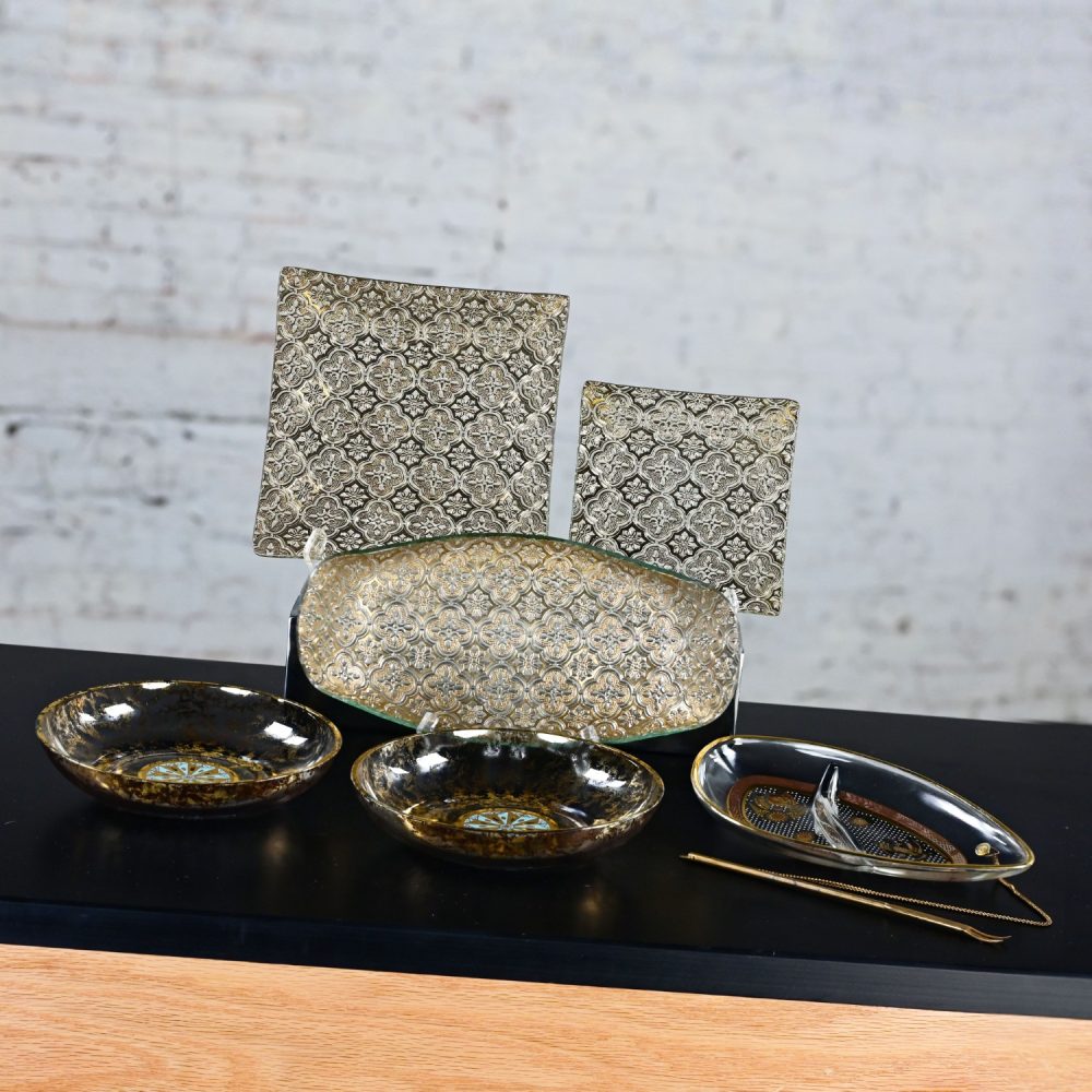 6 Piece Set Mid-20th Century Mid Century Modern Georges Briard Glass Pieces 1 Tray 2 Square Platters 2 Bowls & 1 Relish Dish