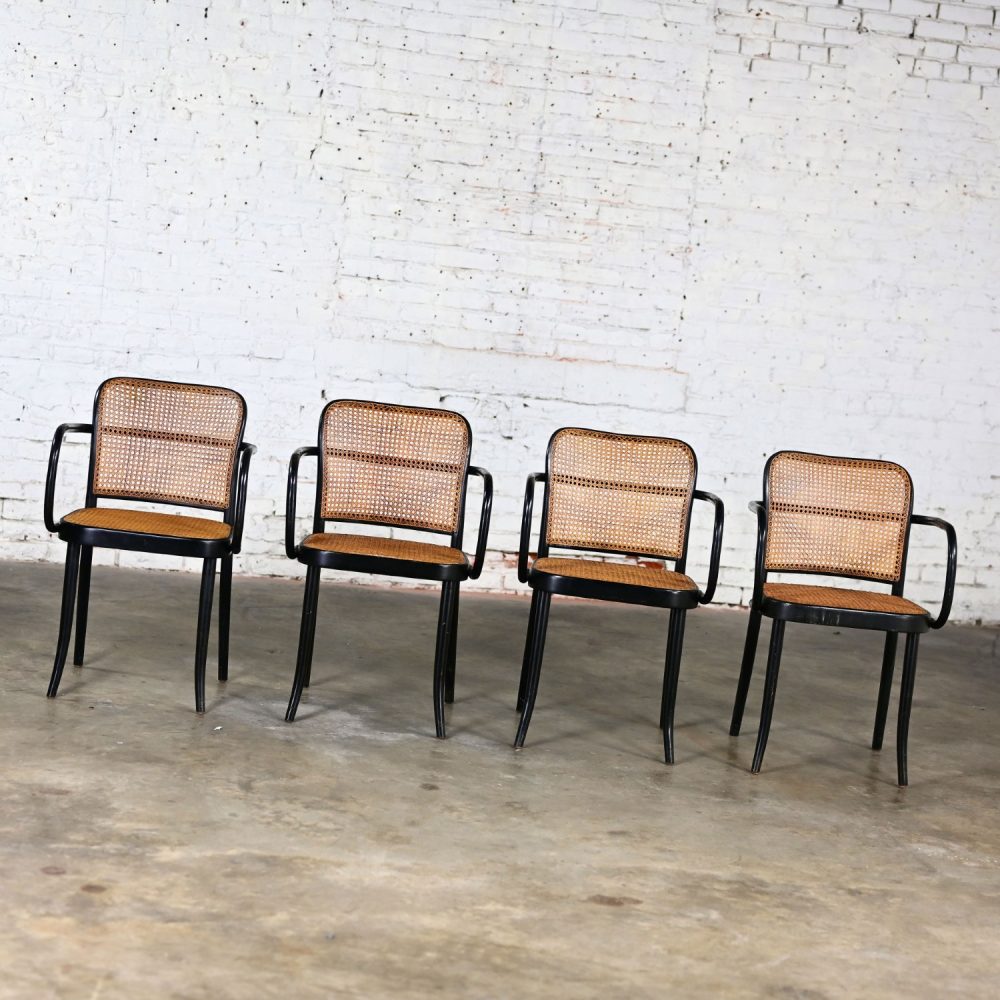 4 Vintage Bauhaus Black Bentwood & Cane Josef Hoffman Prague 811 Armchairs for Stendig by Thonet