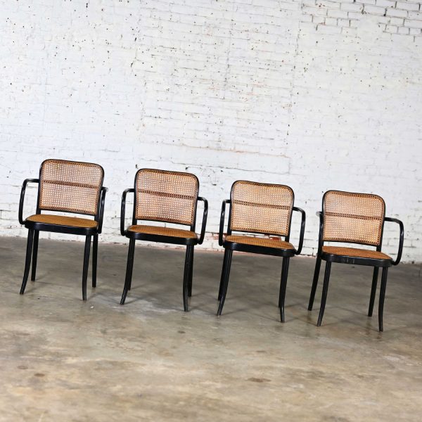 4 Vintage Bauhaus Black Bentwood & Cane Josef Hoffman Prague 811 Armchairs for Stendig by Thonet