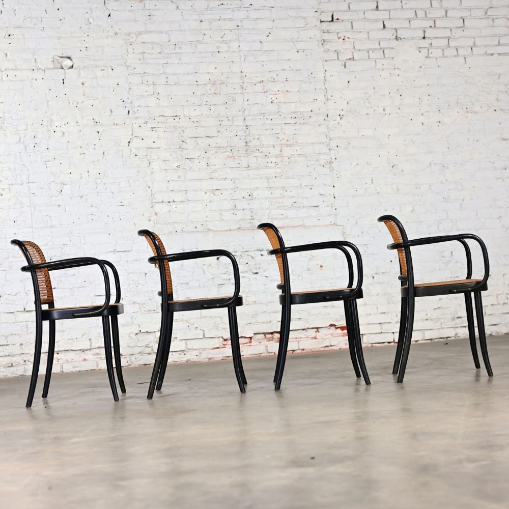 4 Vintage Bauhaus Black Bentwood & Cane Josef Hoffman Prague 811 Armchairs for Stendig by Thonet