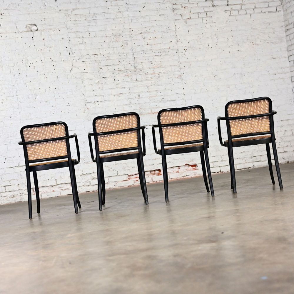 4 Vintage Bauhaus Black Bentwood & Cane Josef Hoffman Prague 811 Armchairs for Stendig by Thonet