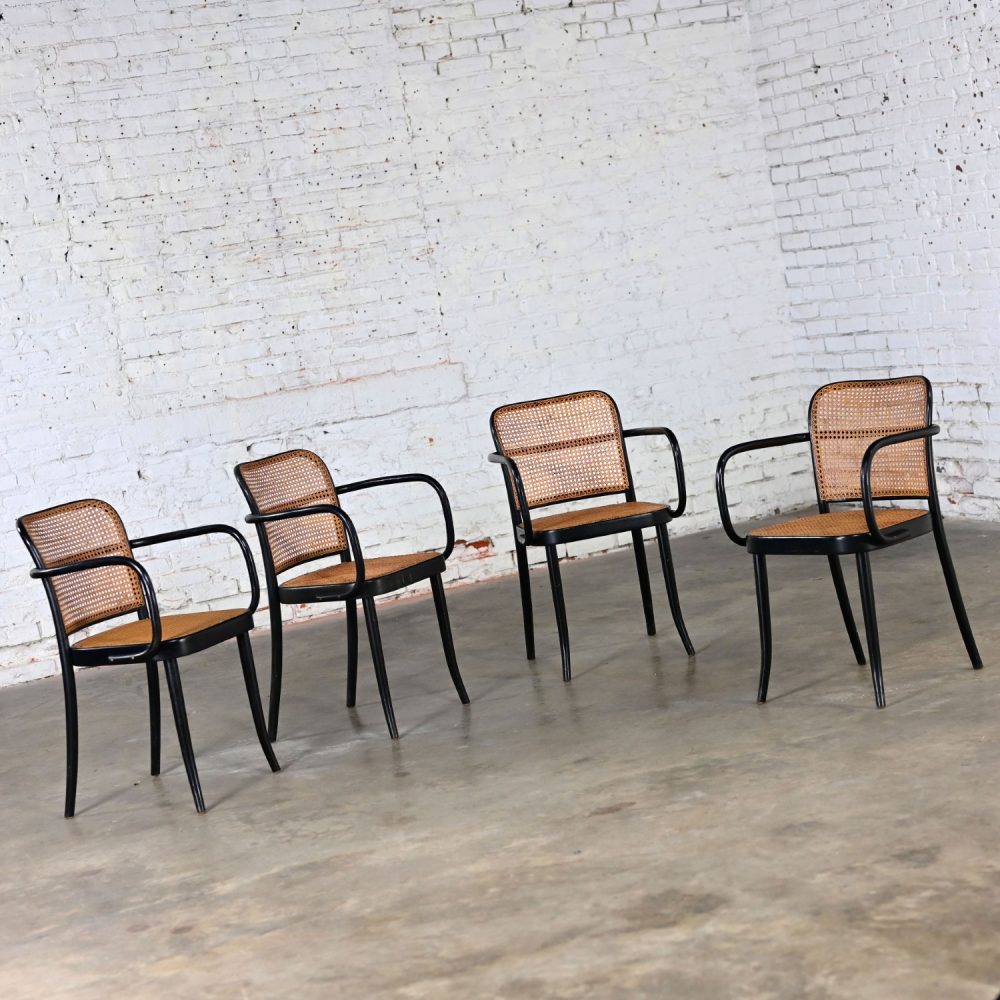 4 Vintage Bauhaus Black Bentwood & Cane Josef Hoffman Prague 811 Armchairs for Stendig by Thonet