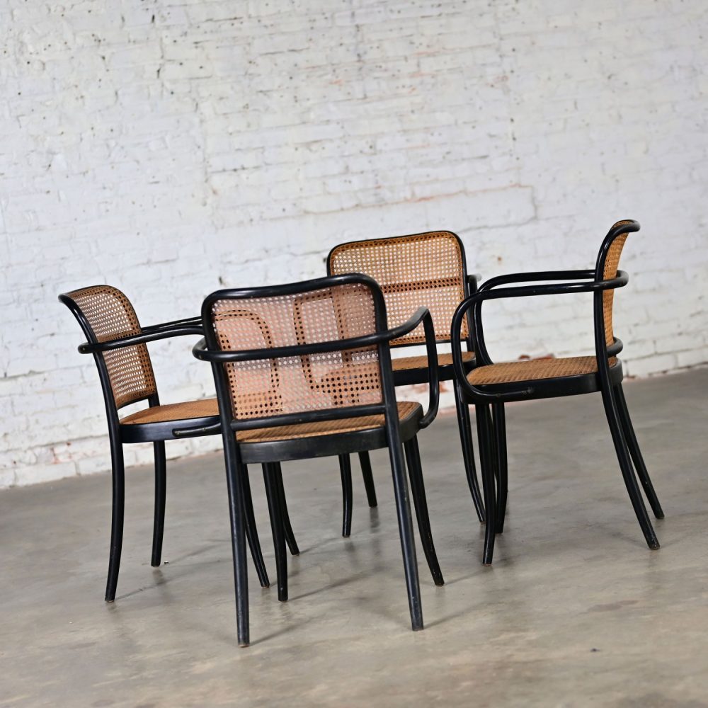 4 Vintage Bauhaus Black Bentwood & Cane Josef Hoffman Prague 811 Armchairs for Stendig by Thonet