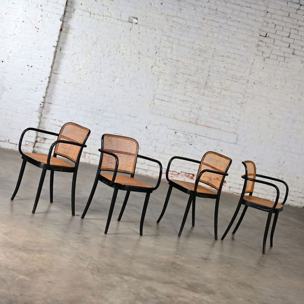 4 Vintage Bauhaus Black Bentwood & Cane Josef Hoffman Prague 811 Armchairs for Stendig by Thonet