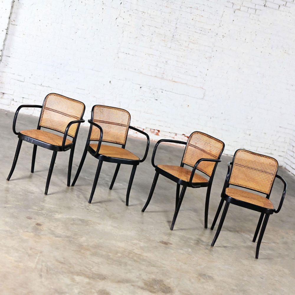 4 Vintage Bauhaus Black Bentwood & Cane Josef Hoffman Prague 811 Armchairs for Stendig by Thonet