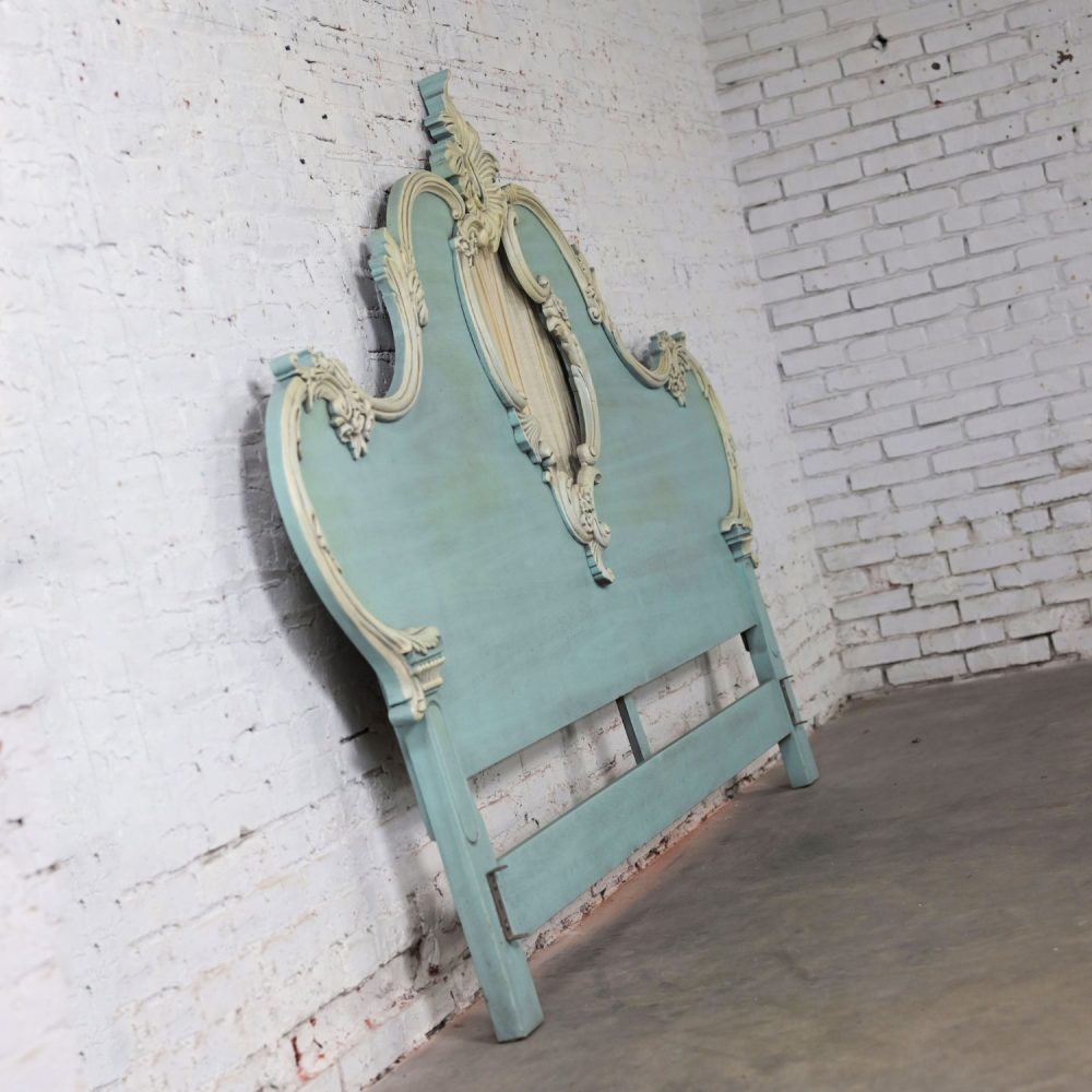 French Provincial Style Heavy Carved Powder Blue Ceruse Bombay Dresser & Mirror