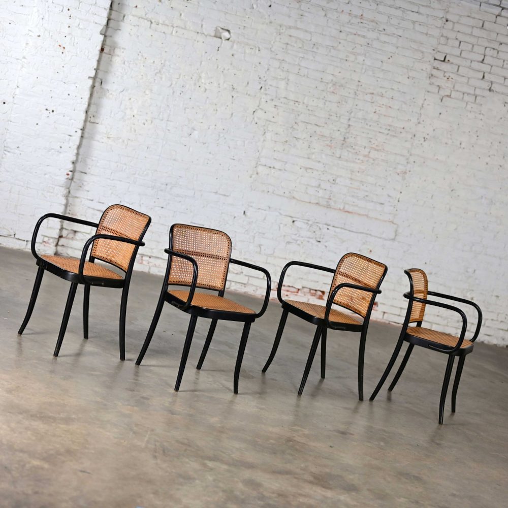 4 Vintage Bauhaus Black Bentwood & Cane Josef Hoffman Prague 811 Armchairs for Stendig by Thonet