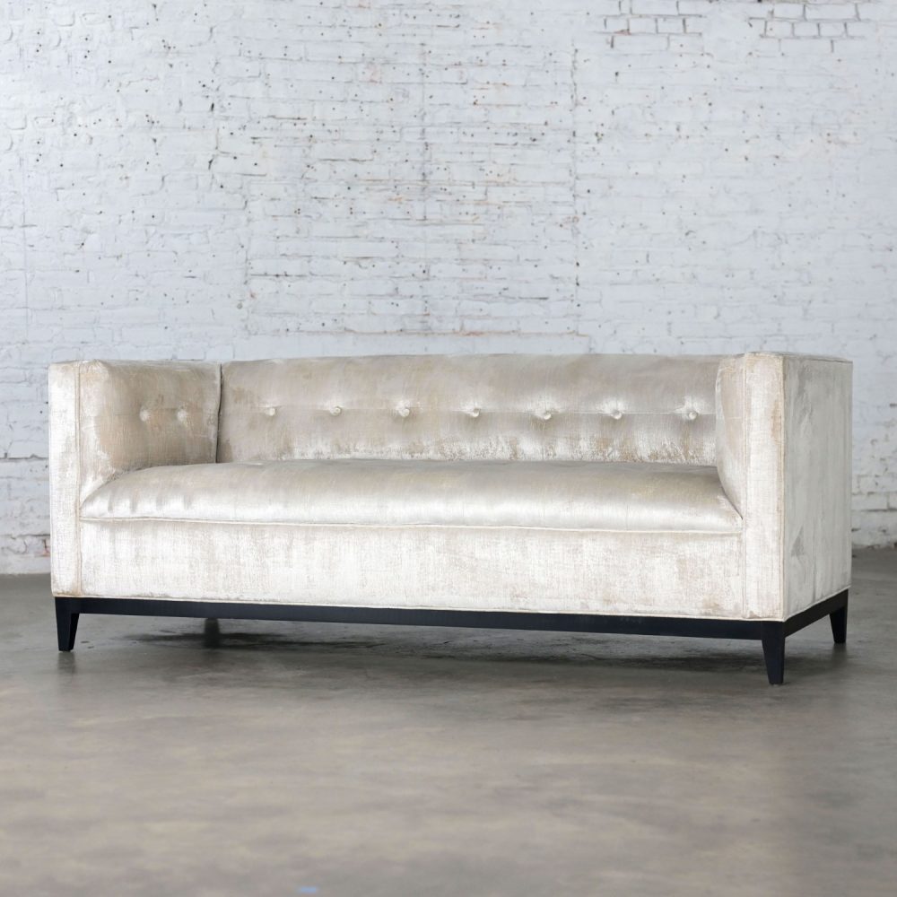 Early 21st Century Modern Velvet Tuxedo Sofa Settee Tight Back Button Detail & Black Painted Wood Base