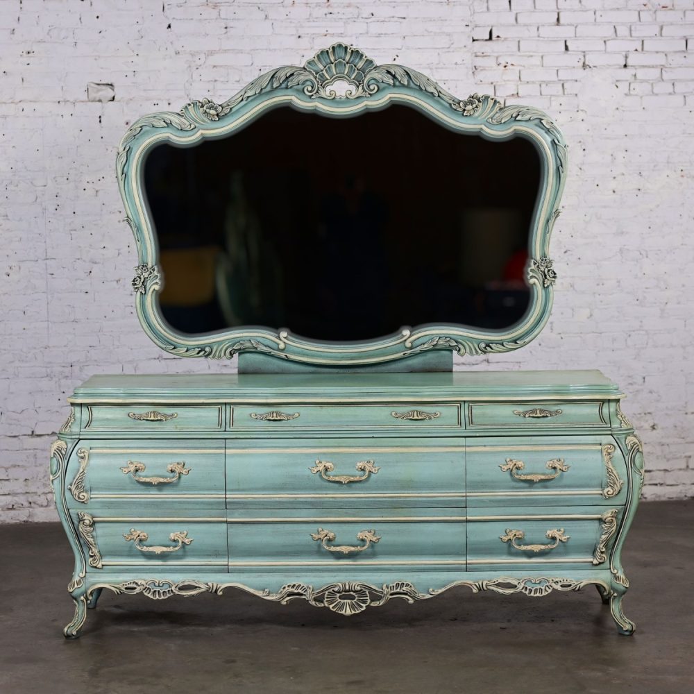 French Provincial Style Heavy Carved Powder Blue Ceruse Bombay Dresser & Mirror