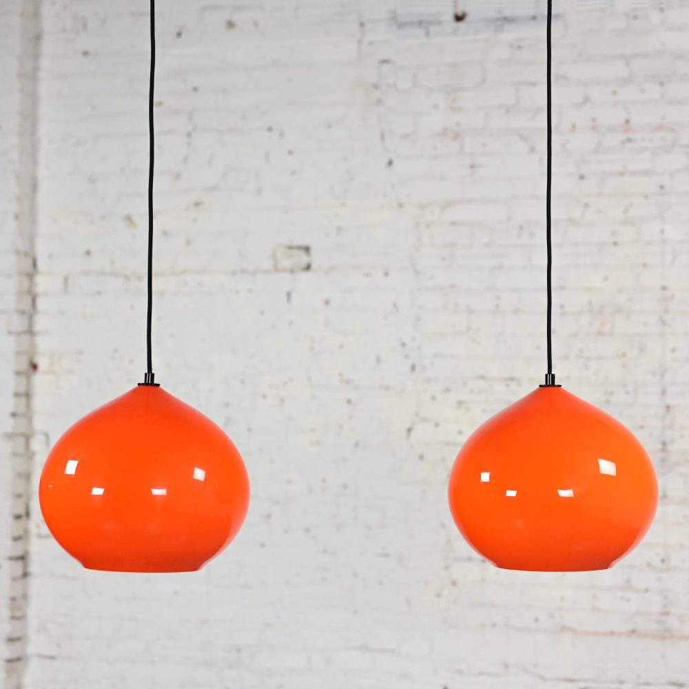 Mid Century Modern Italian Orange Cased Murano Glass Pendant Lights Attributed to Alessandro Pianon for Vistosi