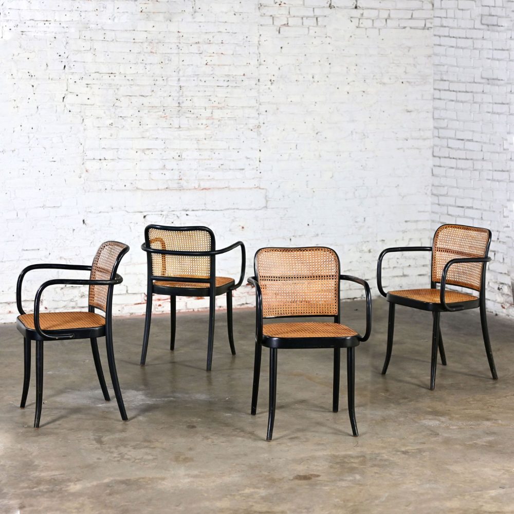 4 Vintage Bauhaus Black Bentwood & Cane Josef Hoffman Prague 811 Armchairs for Stendig by Thonet