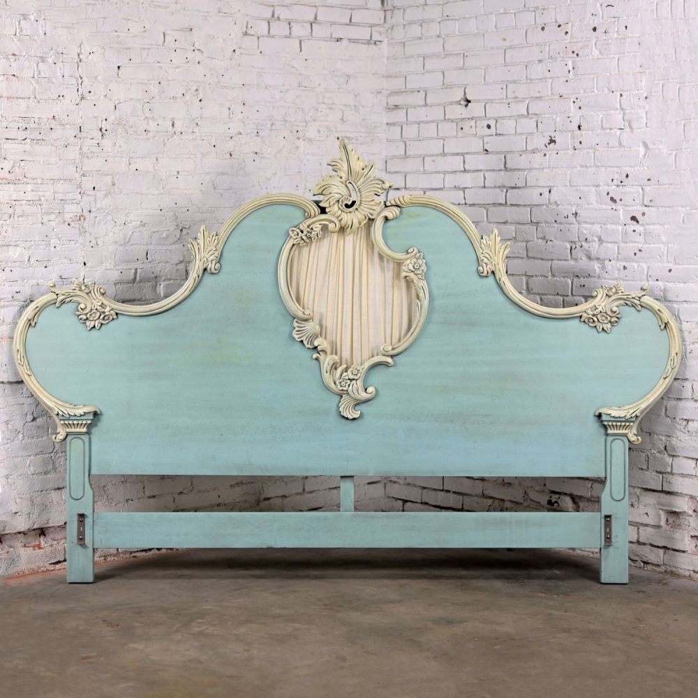 French Provincial Style Heavy Carved Powder Blue Ceruse Bombay Dresser & Mirror