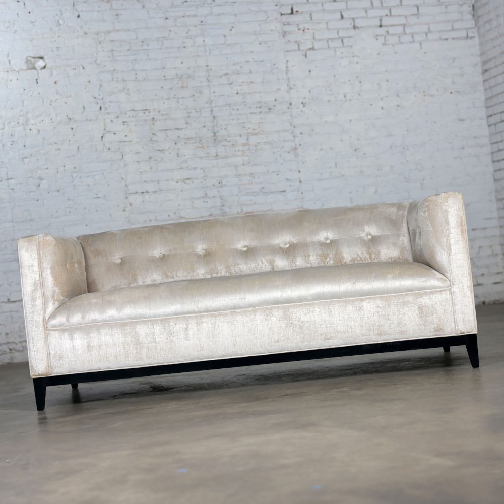 Early 21st Century Modern Velvet Tuxedo Sofa Settee Tight Back Button Detail & Black Painted Wood Base