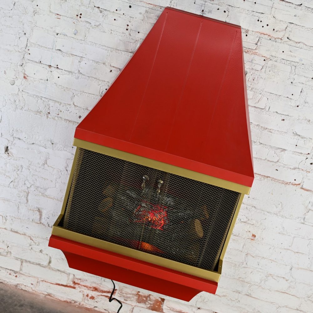 1960’s Mid-Century Modern Electric Wall Fireplace Orange with Gold Tone Trim Attributed to Montgomery Ward Style House