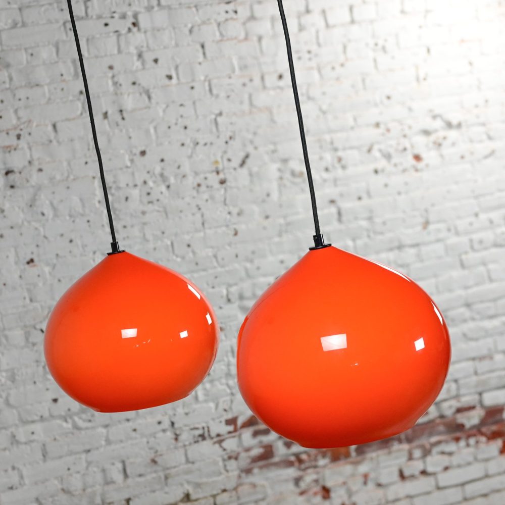 Mid Century Modern Italian Orange Cased Murano Glass Pendant Lights Attributed to Alessandro Pianon for Vistosi