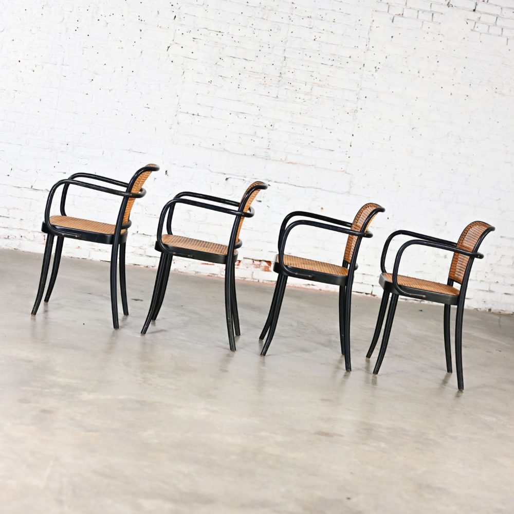 4 Vintage Bauhaus Black Bentwood & Cane Josef Hoffman Prague 811 Armchairs for Stendig by Thonet