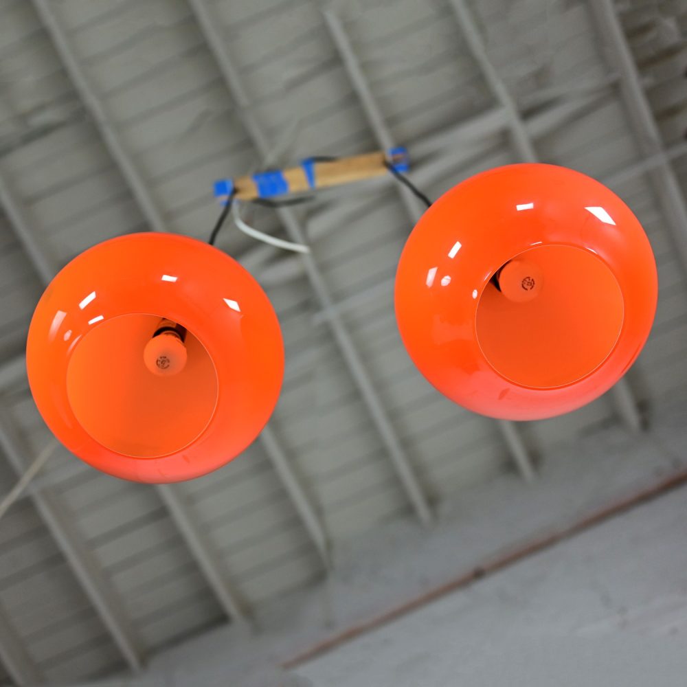 Mid Century Modern Italian Orange Cased Murano Glass Pendant Lights Attributed to Alessandro Pianon for Vistosi