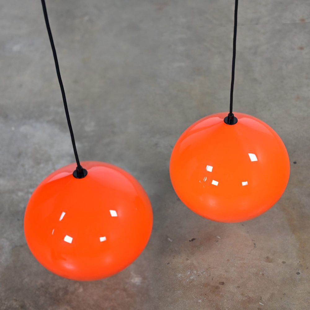 Mid Century Modern Italian Orange Cased Murano Glass Pendant Lights Attributed to Alessandro Pianon for Vistosi