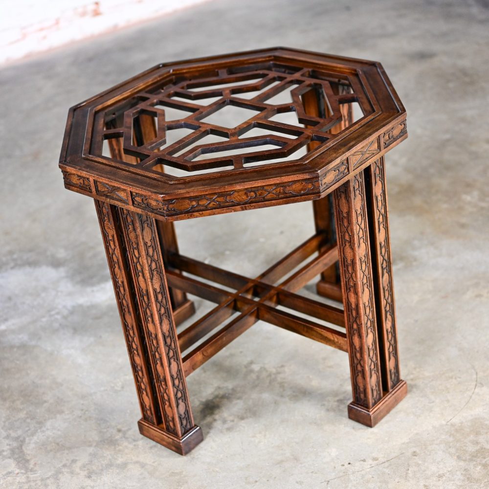 Late 20th Century Chinese Chippendale Drexel Heritage Octagon Center or Dining Table with Glass Top