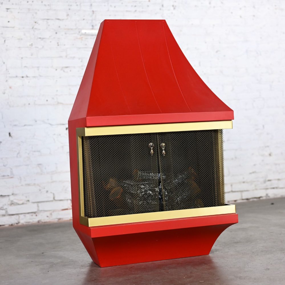 1960’s Mid-Century Modern Electric Wall Fireplace Orange with Gold Tone Trim Attributed to Montgomery Ward Style House