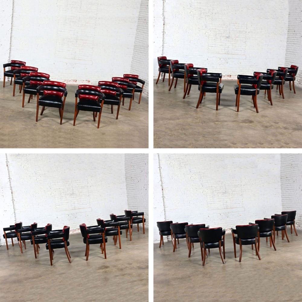 Early 20th Century Art Deco Dining Chairs Set 8 with Red & Black Leather & Walnut Toned Wood Frames