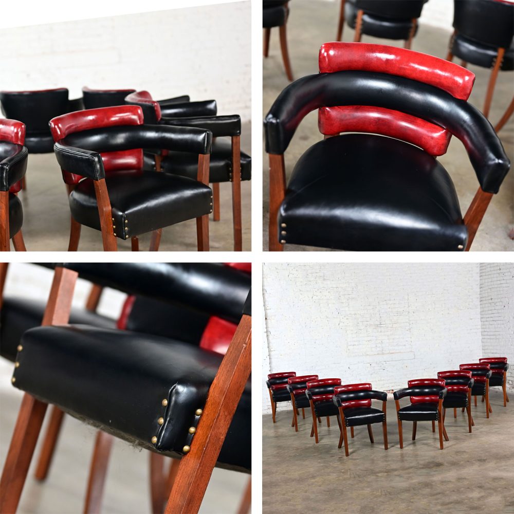 Early 20th Century Art Deco Dining Chairs Set 8 with Red & Black Leather & Walnut Toned Wood Frames