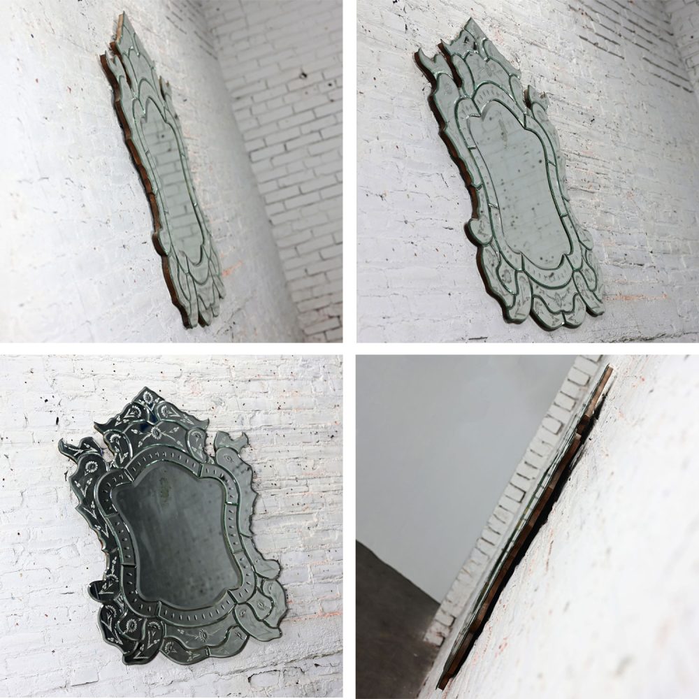 Early to Mid-20th Century Italian Venetian Wall Mirror Cut Glass Sculpted & Engraved Shield Shape