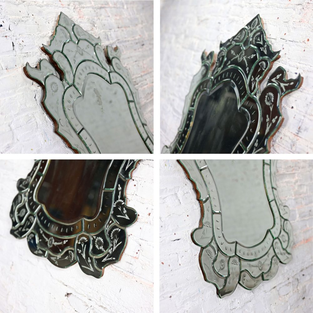 Early to Mid-20th Century Italian Venetian Wall Mirror Cut Glass Sculpted & Engraved Shield Shape