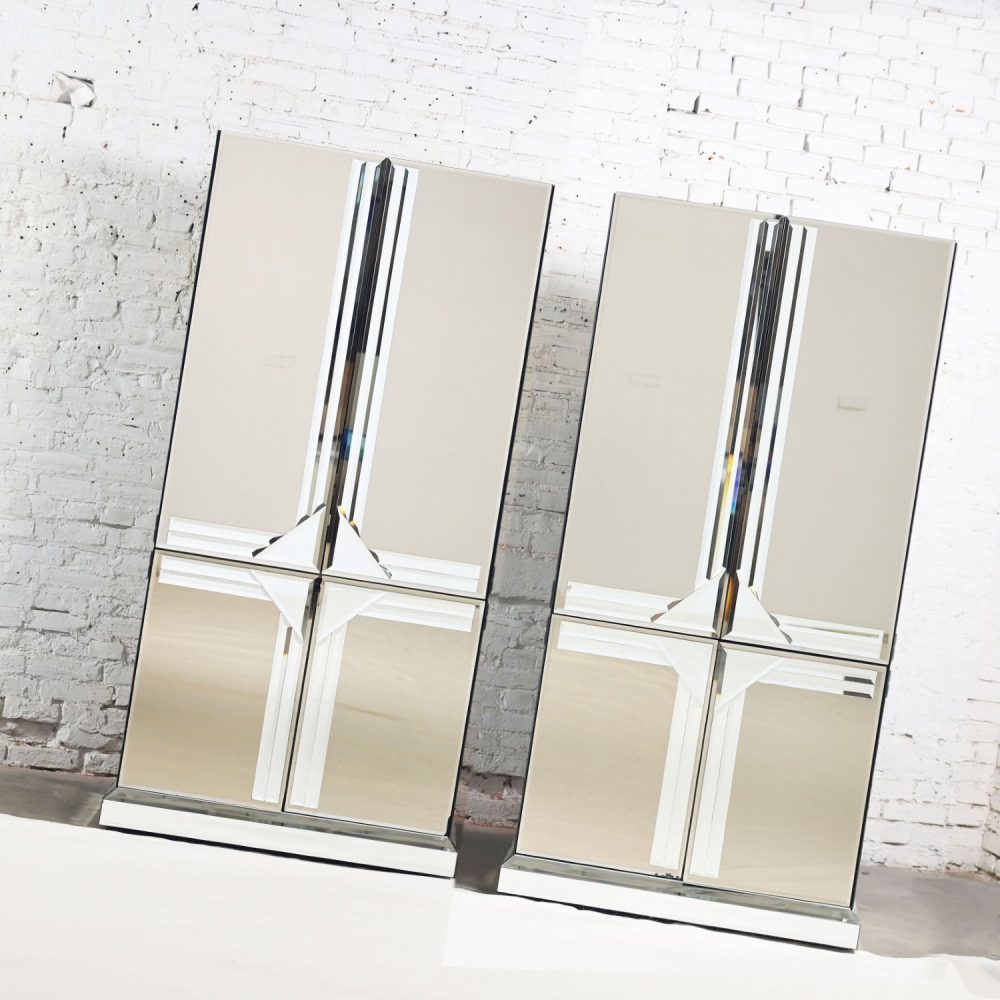 Late 20th Century Postmodern to Art Deco Revival Mirrored Entertainment Cabinet & Armoire a Pair Style of Ello